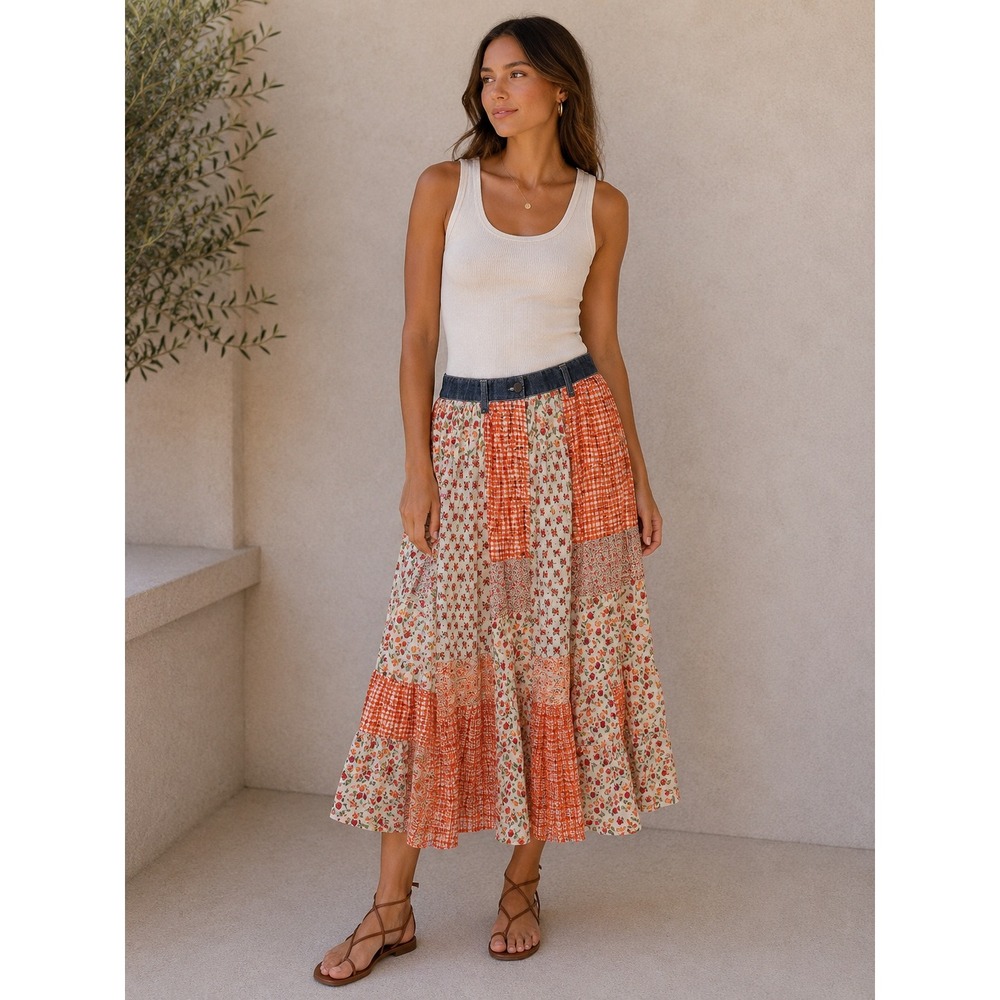 Patchwork Floral Gingham Maxi Skirt Sz XS Festival Country Boho Cottagecore